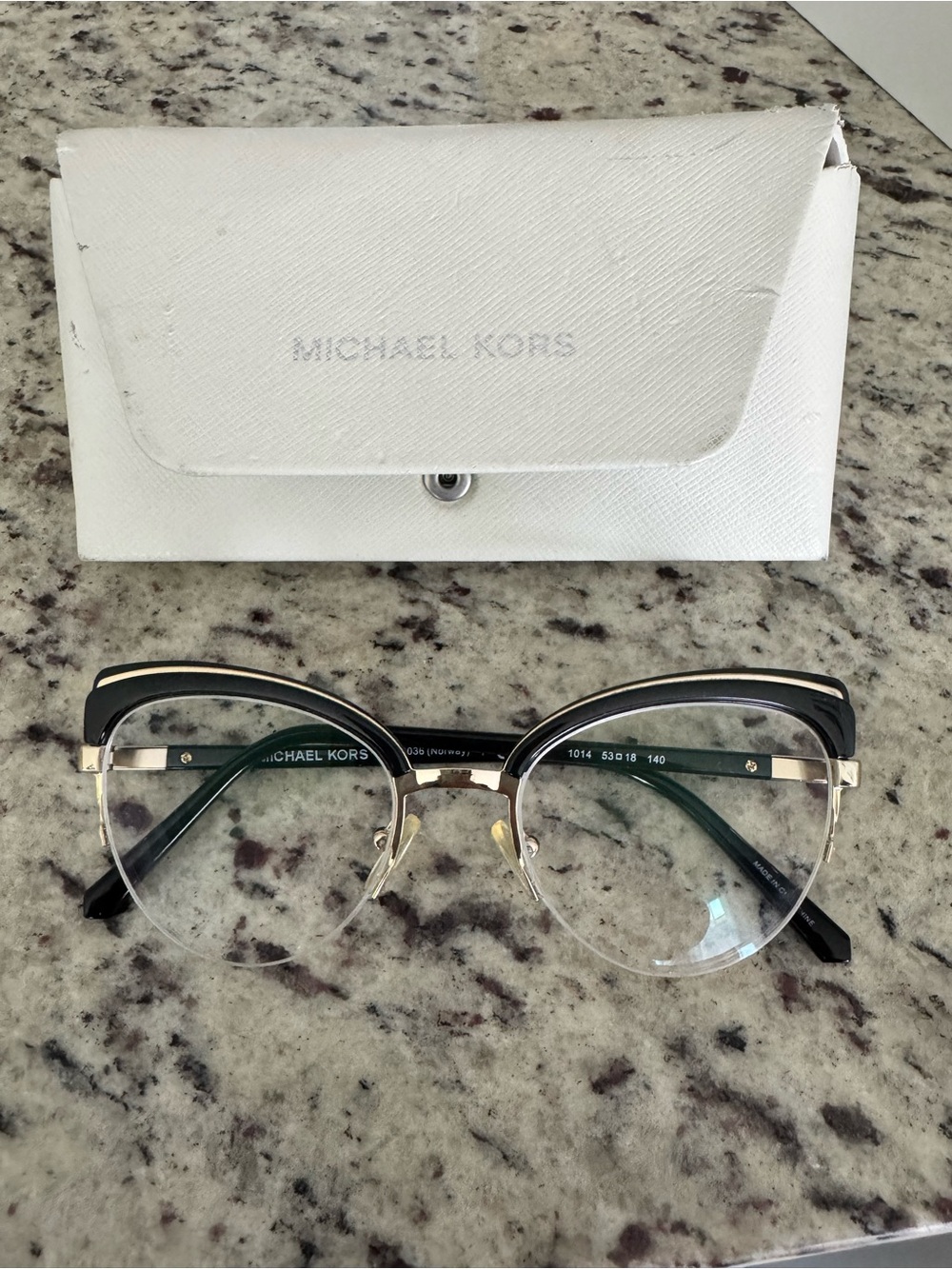 Michael Kors Black & Gold Semi-Rim Cat-Eye Glasses with White Case